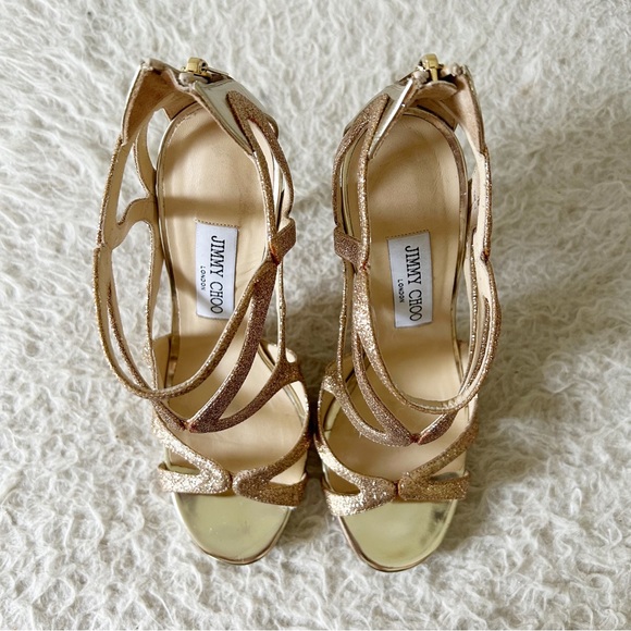 Jimmy Choo Leslie Gold Champagne Glitter Strappy Caged Heels Sandals Size EU 38 - Picture 7 of 14